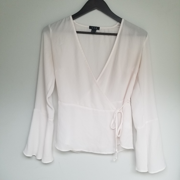 U2B blush off white sheer see through long bell sleeve wrap top S - Picture 9 of 9
